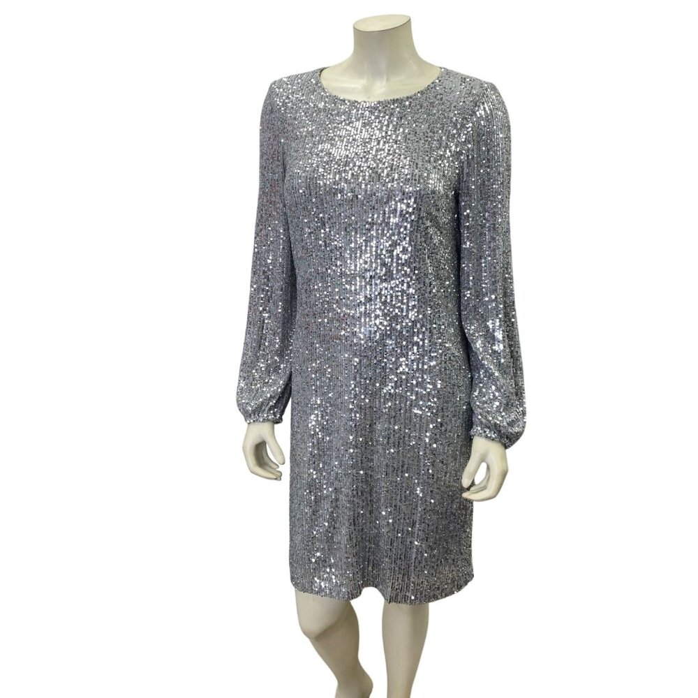 Preston & York Silver Sequin‎ Long Sleeve Cocktail Dress Womens M NWOT